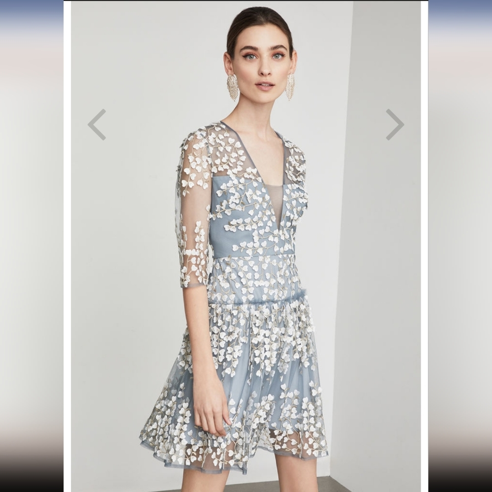 Bcbgmaxazria Floral Vines Appliqué mini dress in blue - size 0 NWOT